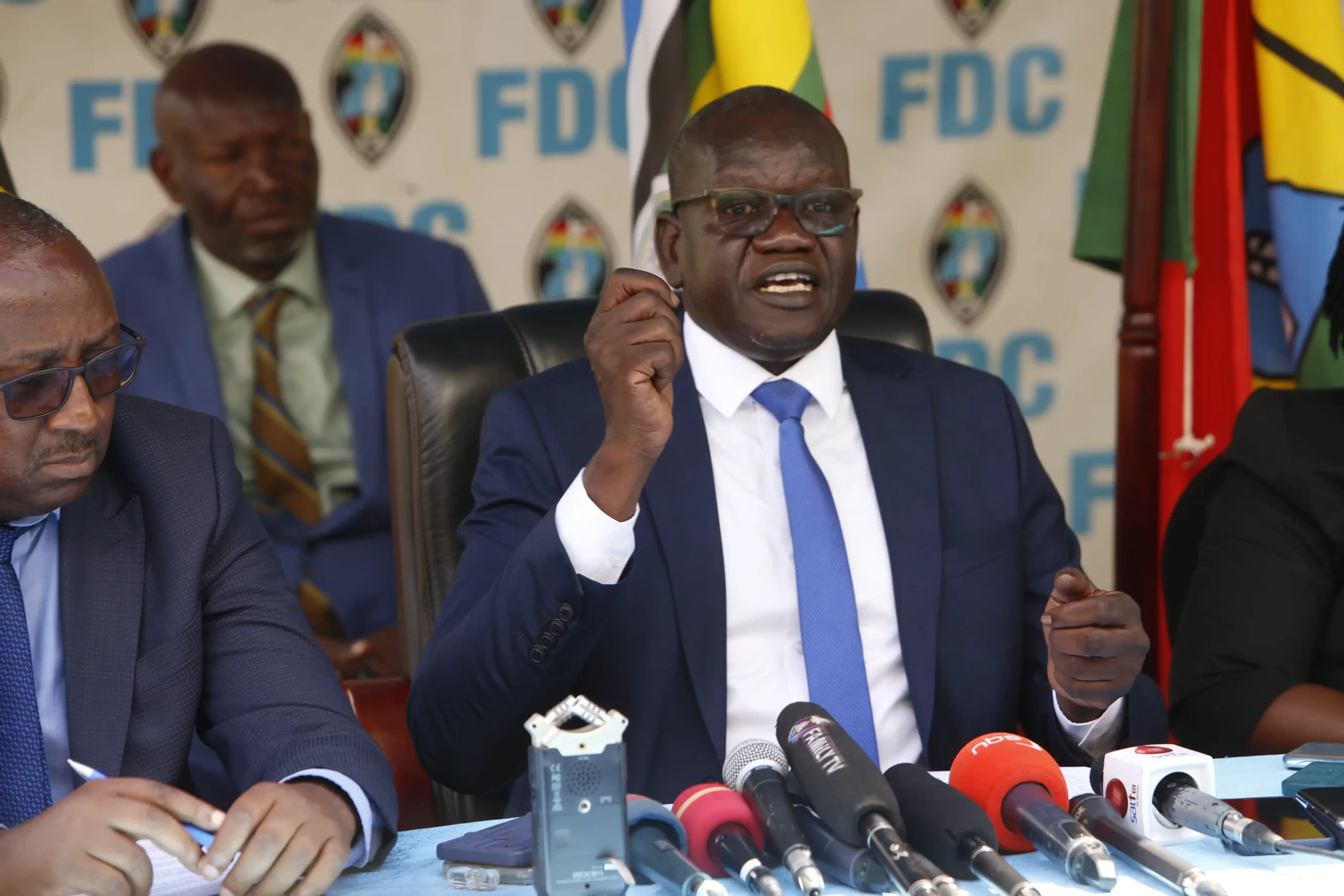 Courtesy Photo of Eng. Patrick Oboi Amuriat addressing the media at the party headquarters, Najjanankumbi.