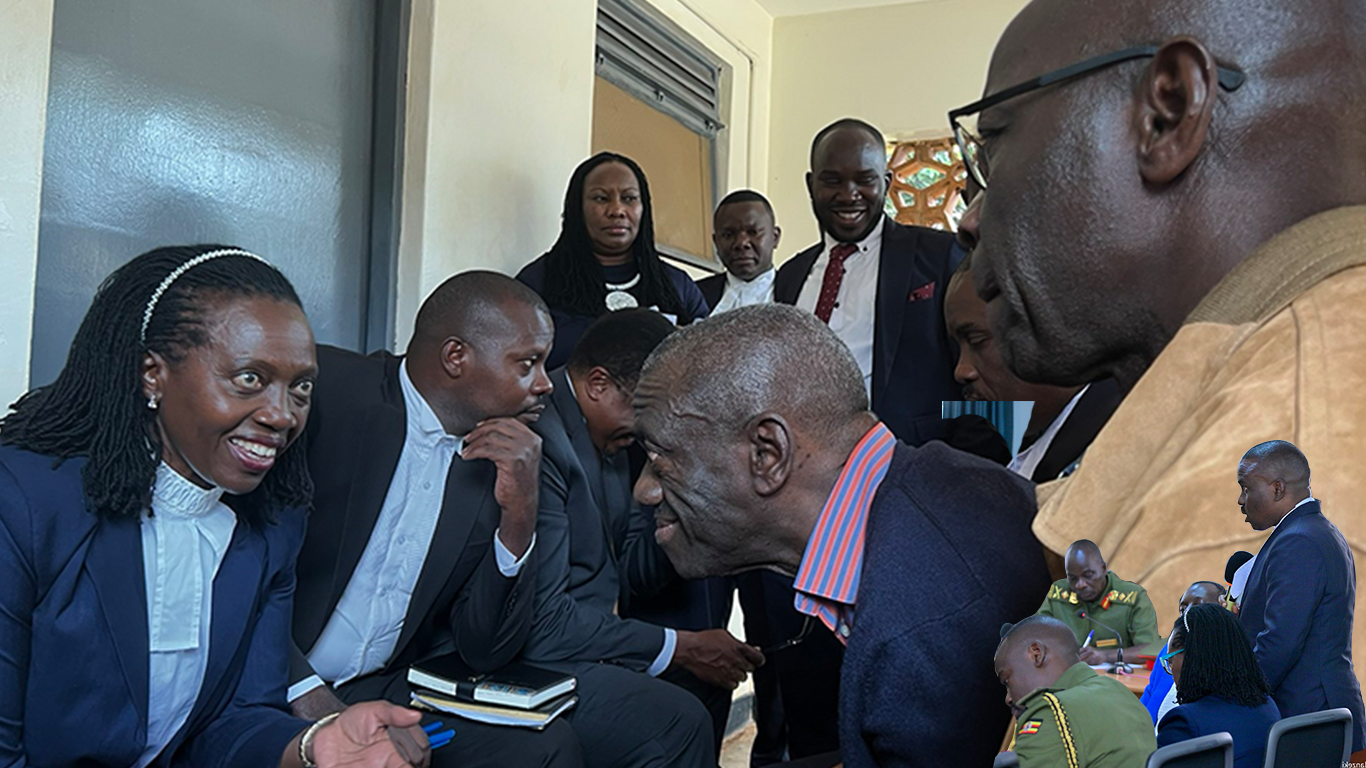 Courtesy Photo-montage Col. Kizza Besigye, Hajji Obed Kamulegeya with their lawyers led by Hon. Martha Karua at Makindye Court Martial on December 02, 2024