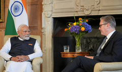 Courtesy Photo: Right, the UK's Prime Minister Keir Starmer, Left, India's Prime Minister Narendra Modi, shaking hands during a bilateral meeting  on July 24, 2025, at Chequers, in Aylesbury, England.