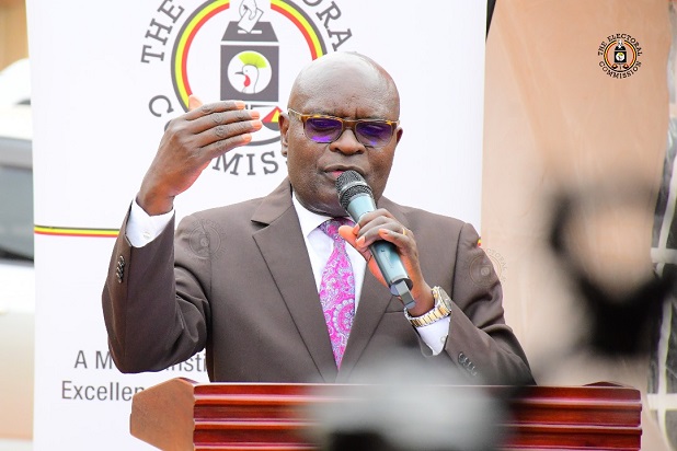 Justice Byabakama Simon, Uganda Electoral Commission Chairperson addressing the Media commission's Kampala Head Offices. Courtesy Photo.