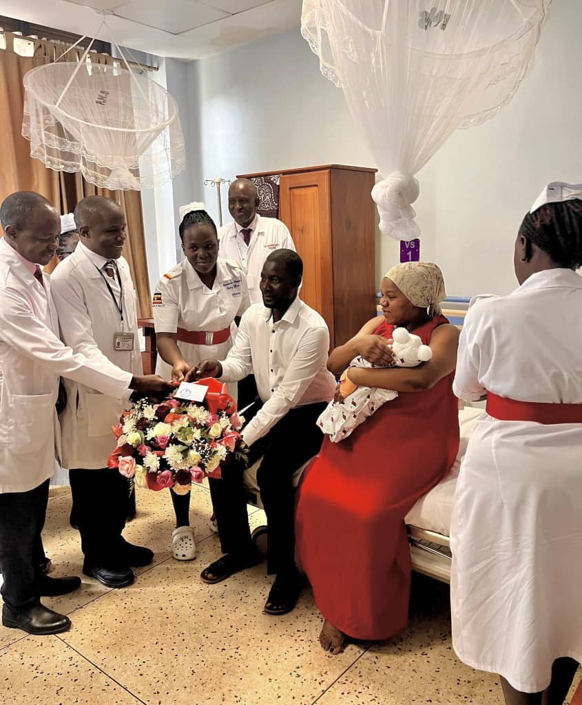 A photo of Mulago Specialized Women and Neonatal Hospital doctors and the proud parents posted by Dr. Atwine, celebrating the milestone.