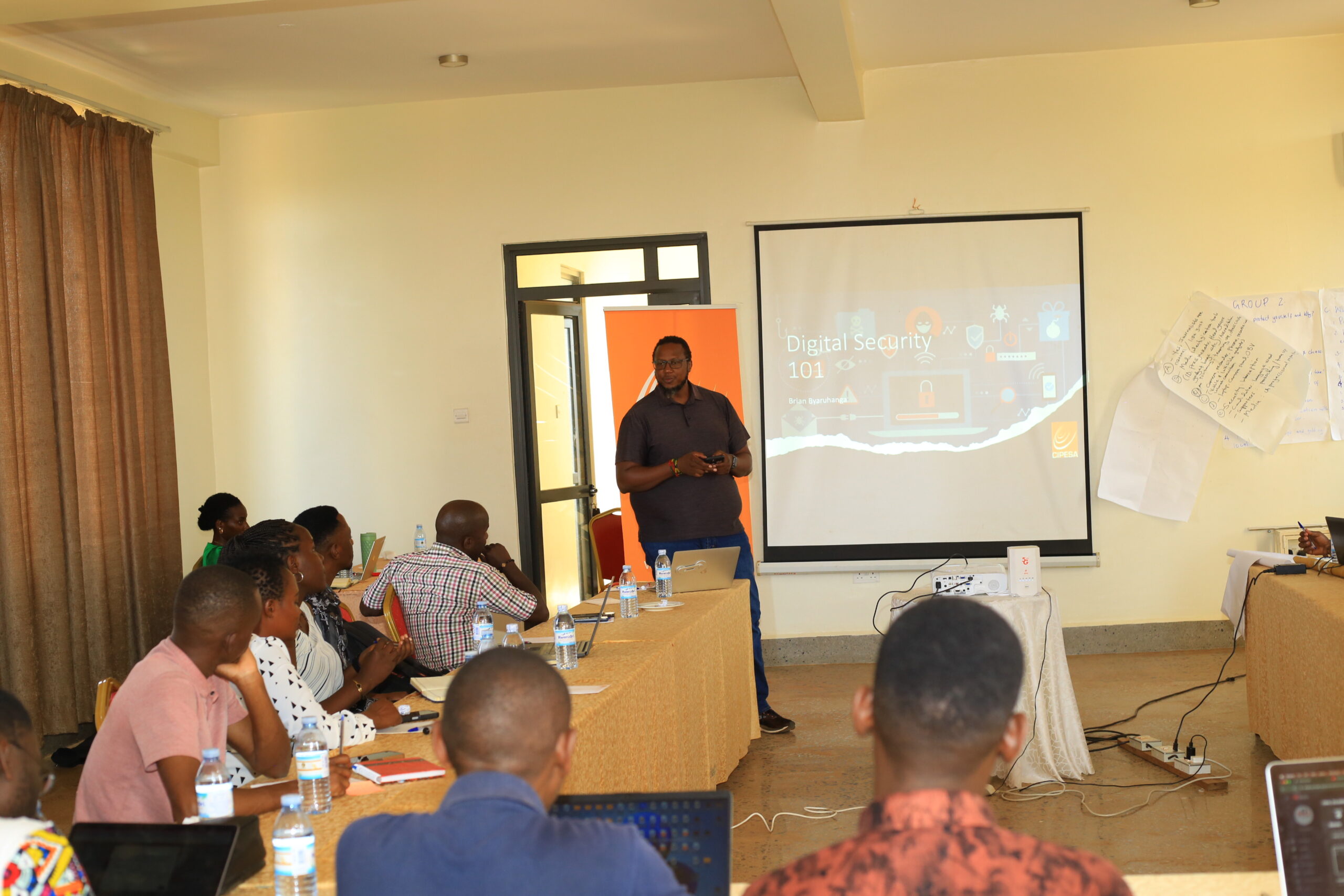 Mr. Byaruhanga Brian from CIPESA facilitating in one of the sessions of the training at Esella Hotel, Wakiso District, Wednesday november, 26, 2025. CIPESA Courtesy Photo.